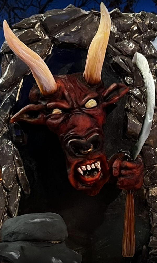 Minotaur, carved from pumpkin and airbrushed with food coloring.